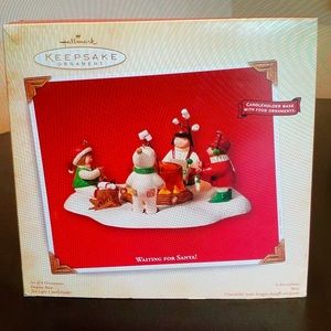 Hallmark 2003 Waiting For Santa Candleholder with 4 Ornaments